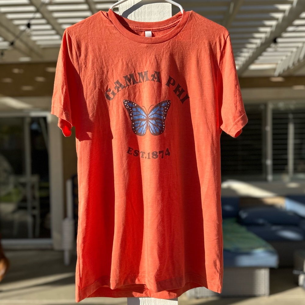 Gamma Phi Beta Orange/Pink T-Shirt with Blue Butterfly